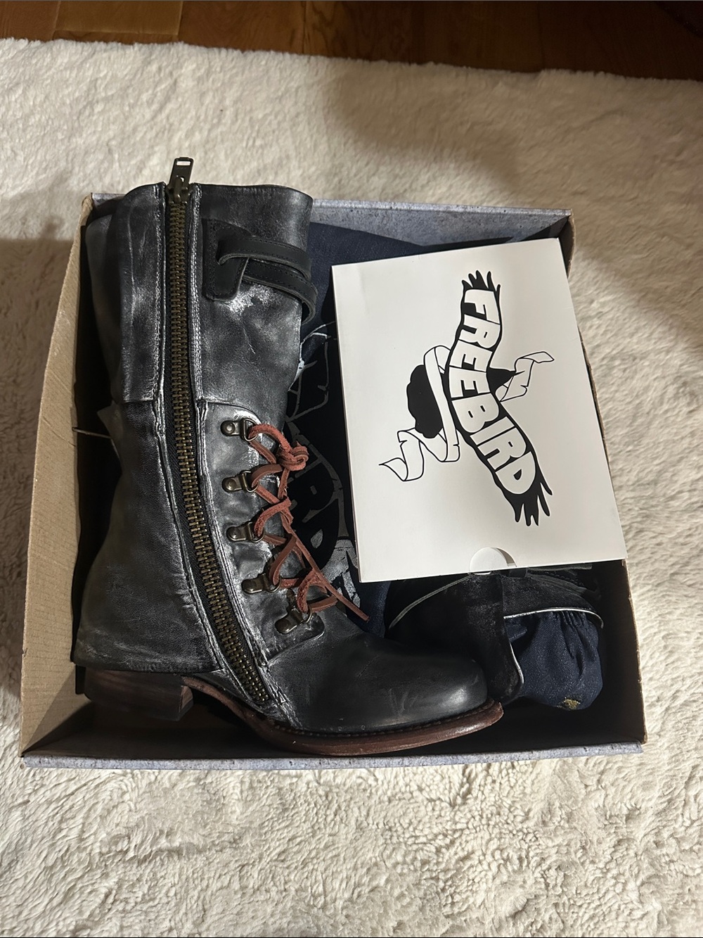 Freebird by Steven Distressed Black Leather Combat Boots with Brown Accents - Picture 14 of 14